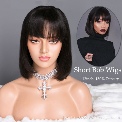 Short Wigs Human Hair Women Short Bob Lace Front Wig Bangs Dark Red Blond Bob Wig for Black Natural Brazilian Hair Swiss Lace